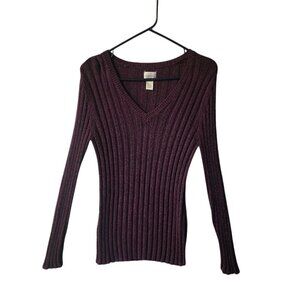 Chico’s Women’s Purple Ribbed Knit Sweater V-Neck Long Sleeve Stretch Size 2